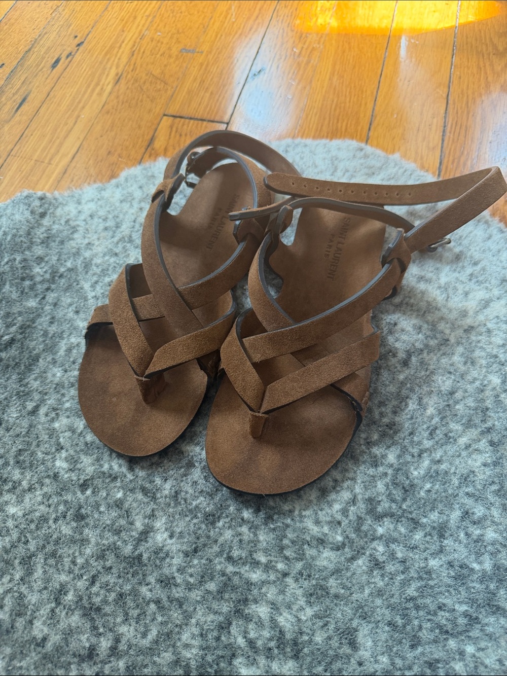 Saint Laurent Brown Suede Strappy Toe-Loop Sandals